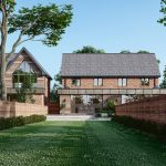 Modern houses with landscaped gardens.