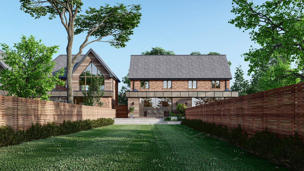 Modern houses with landscaped gardens.