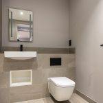 Modern bathroom with minimalist design.