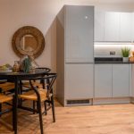 Modern kitchen with dining area.