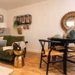 Stylish living area with dining table.