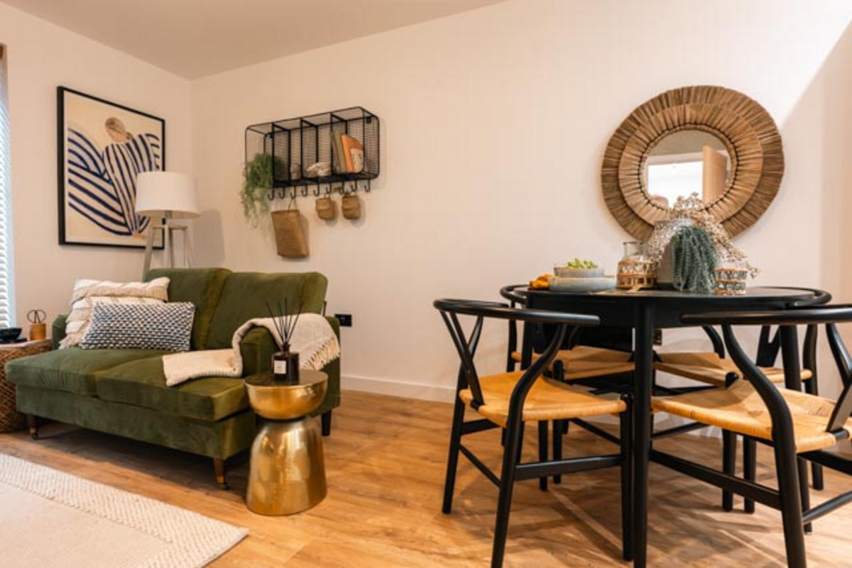 Stylish living area with dining table.