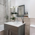 Modern bathroom with sleek design elements.
