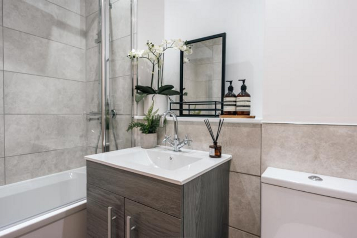 Modern bathroom with sleek design elements.