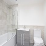 Modern bathroom with sleek fixtures.