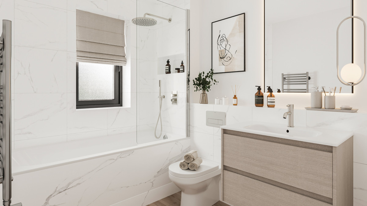 Modern bathroom with elegant design features.