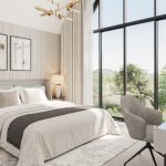 Modern bedroom with large windows.