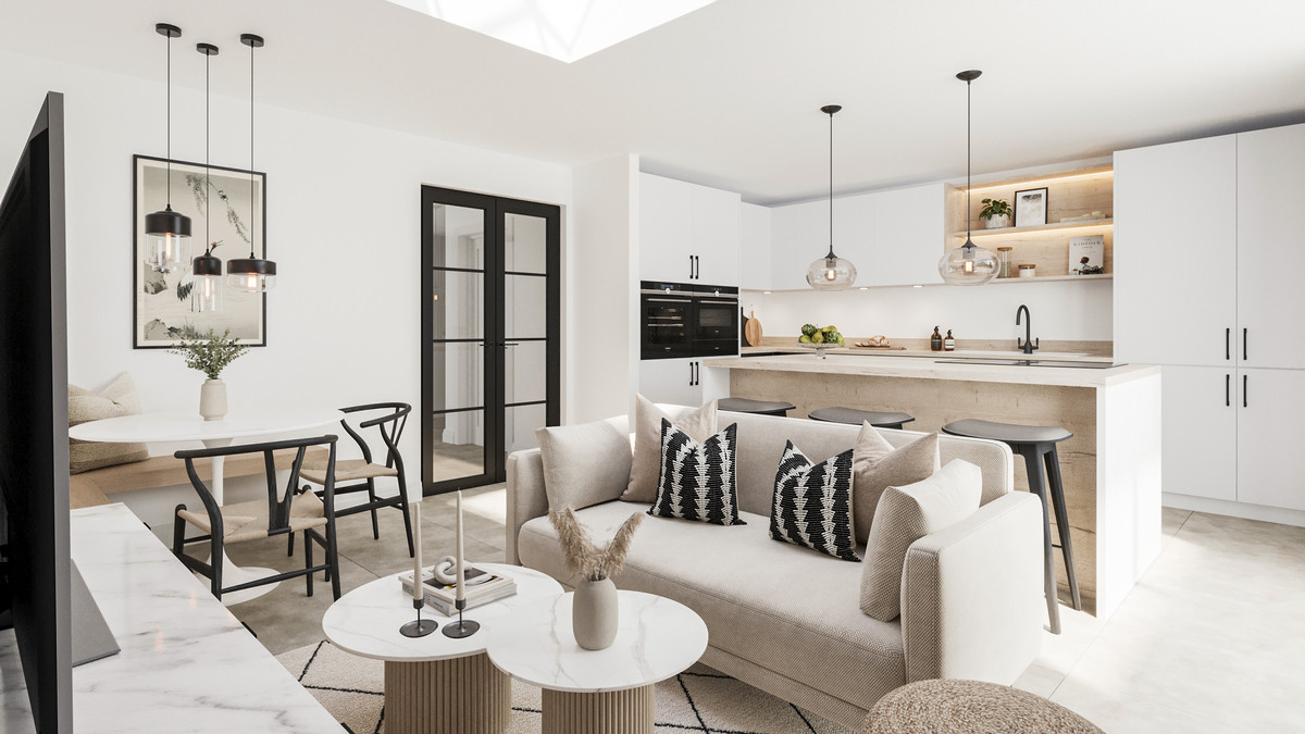 Modern open-plan living space interior.
