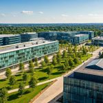 Modern office buildings with green surroundings.