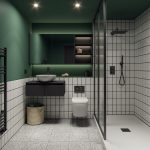 Modern bathroom with green accents.