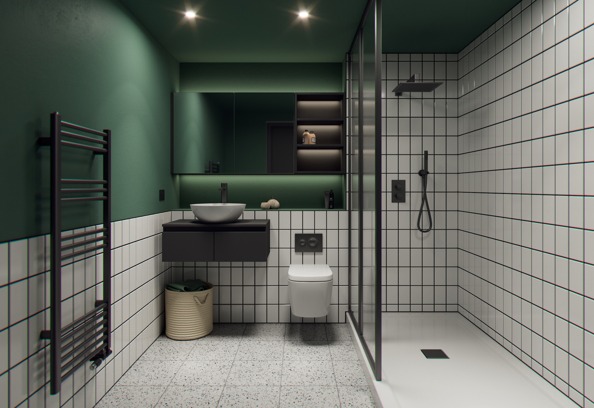 Modern bathroom with green accents.