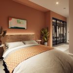 Modern bedroom with warm colour scheme