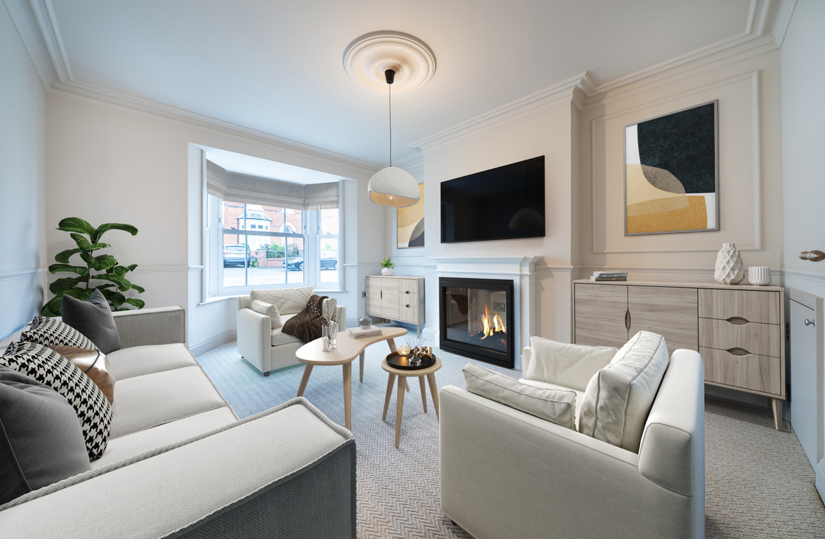 Modern, stylish living room with fireplace.