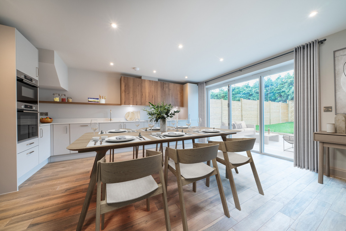 Modern kitchen with dining area.