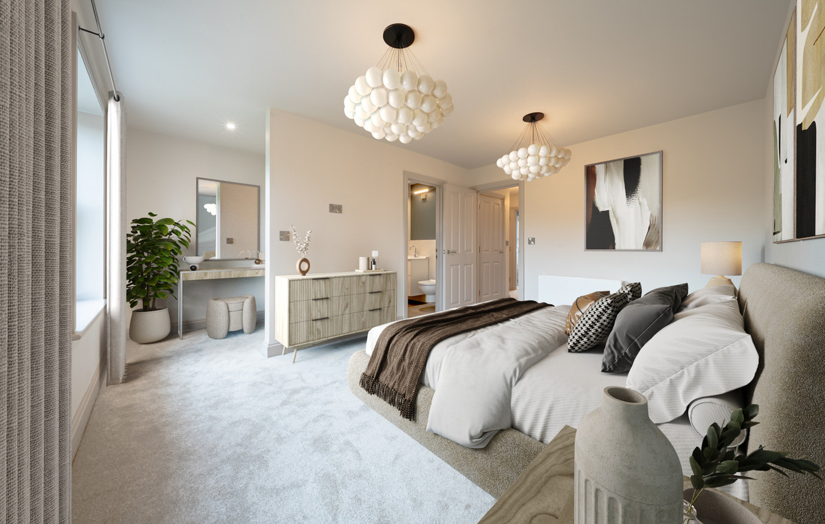 Spacious, modern bedroom with elegant decor.