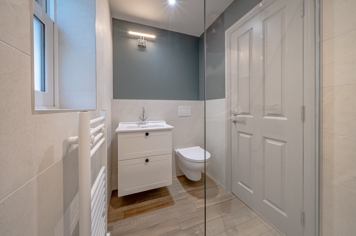 Modern bathroom with sleek design.