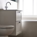 Modern bathroom with minimalist design.