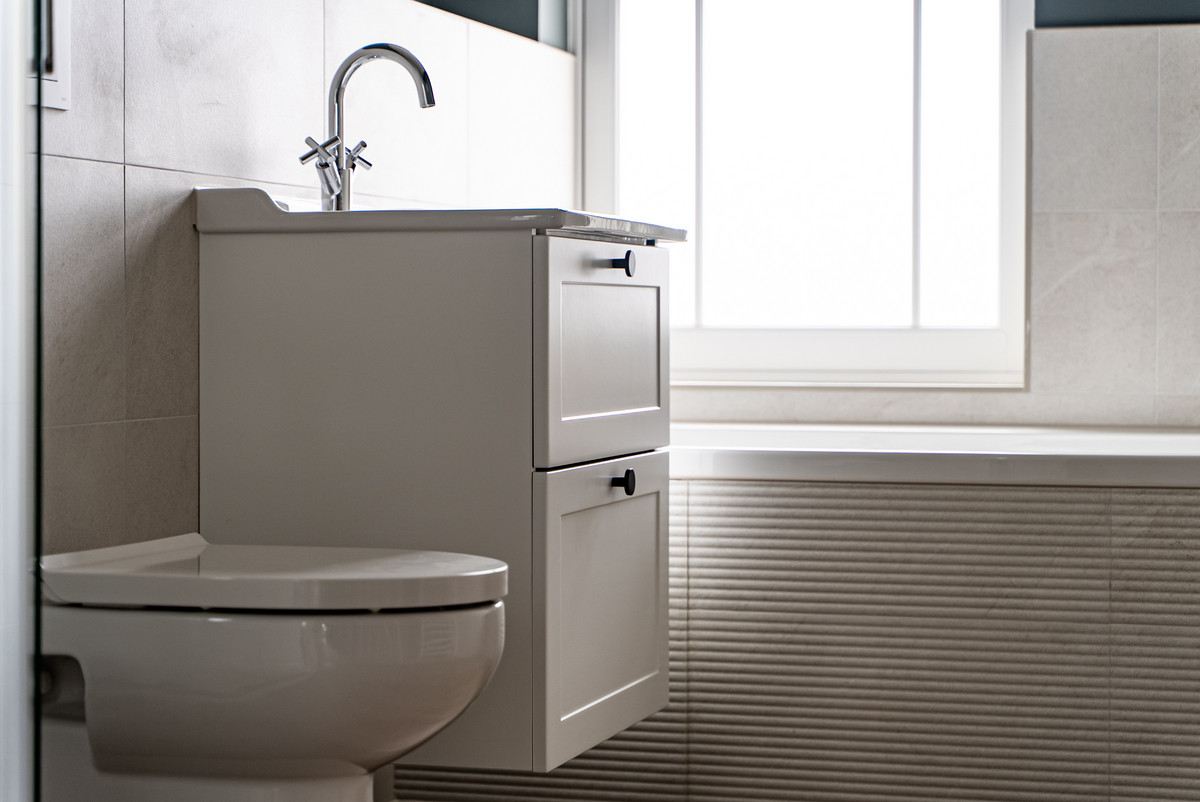 Modern bathroom with minimalist design.
