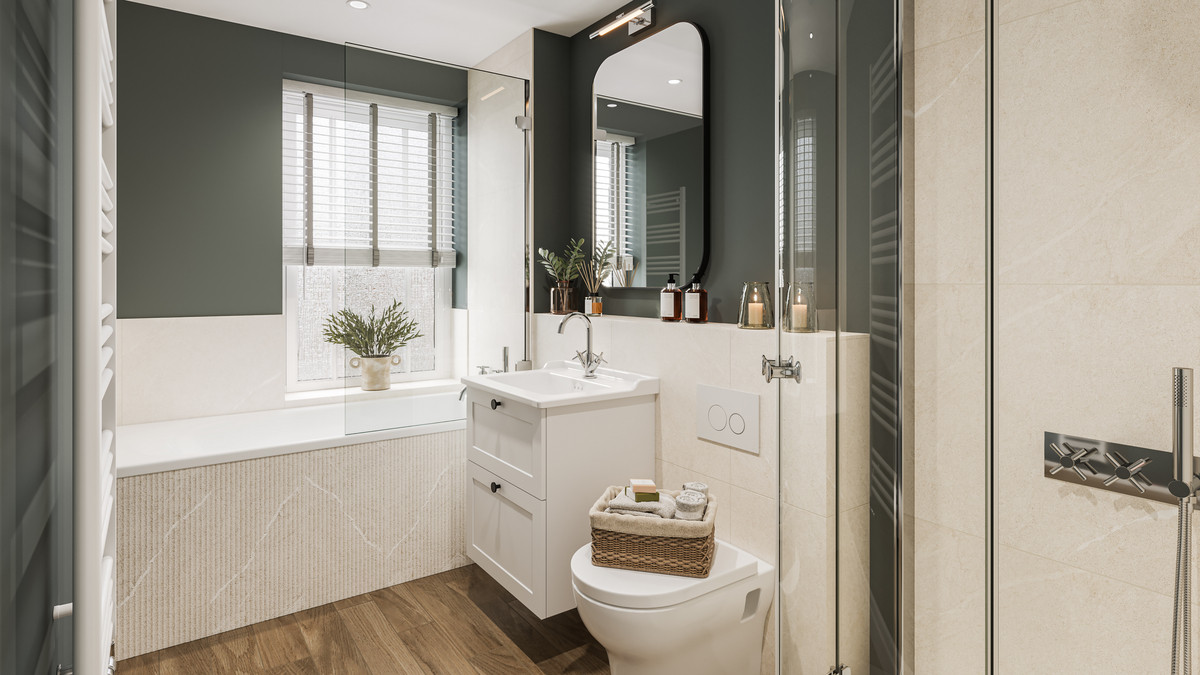 Modern bathroom with stylish fixtures.