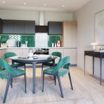 Modern kitchen with stylish dining area.