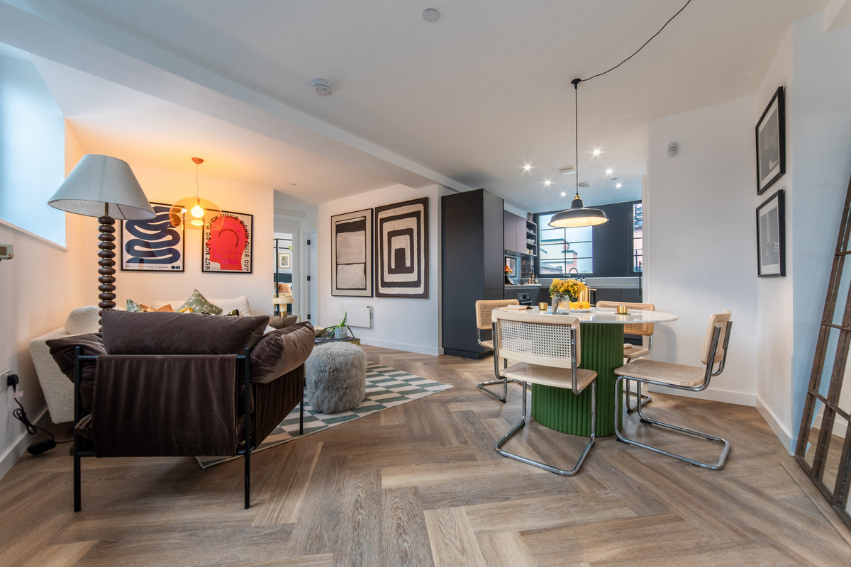 Modern open-plan living space interior.