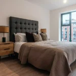 Modern bedroom with stylish decor.