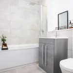 Modern bathroom with sleek design.