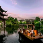 Serene boat on tranquil garden lake