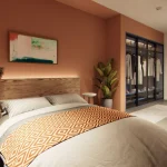 Modern bedroom with warm colour scheme.