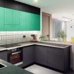 Modern kitchen with teal and grey