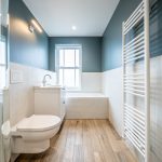 Modern bathroom with stylish fixtures.