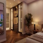 Modern bedroom with stylish furnishings.