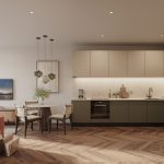 Modern kitchen with stylish furnishings.