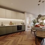 Modern kitchen with stylish dining area.
