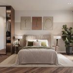 Modern, stylish bedroom with natural elements.