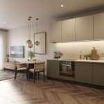 Modern kitchen with stylish furnishings.