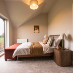 Cosy, large bedroom with large windows and warm tones overlooking greenery to the rear of the property at Avon Bard in Stratford Upon Avon.